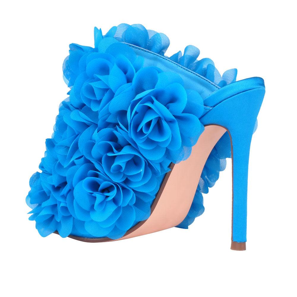 Satin upper women heels with roses in blue-posterior view