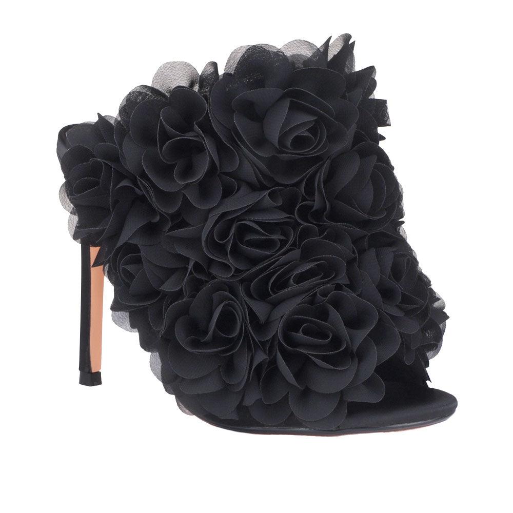 Satin upper women heels with roses in black-corner view