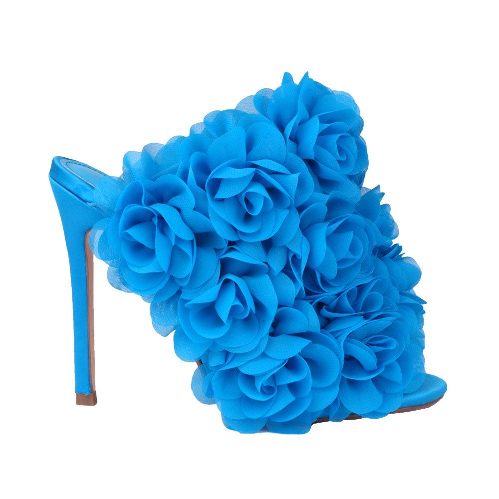 Satin upper women heels with roses in blue-side view