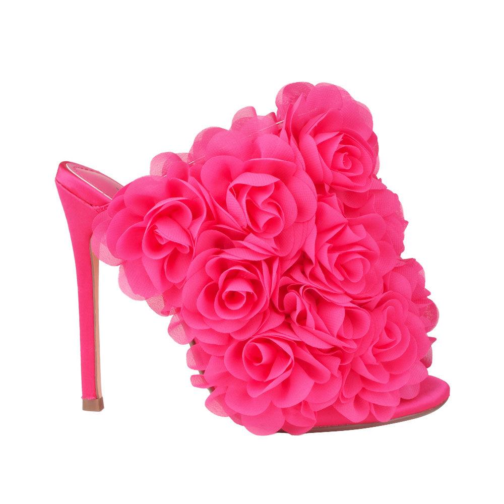 Satin upper women heels with roses in fuchsia-side view