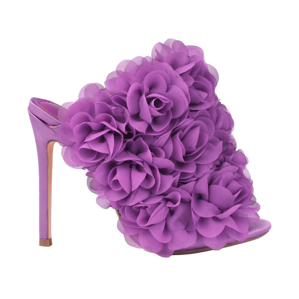 Satin upper women heels with roses in purple-side view