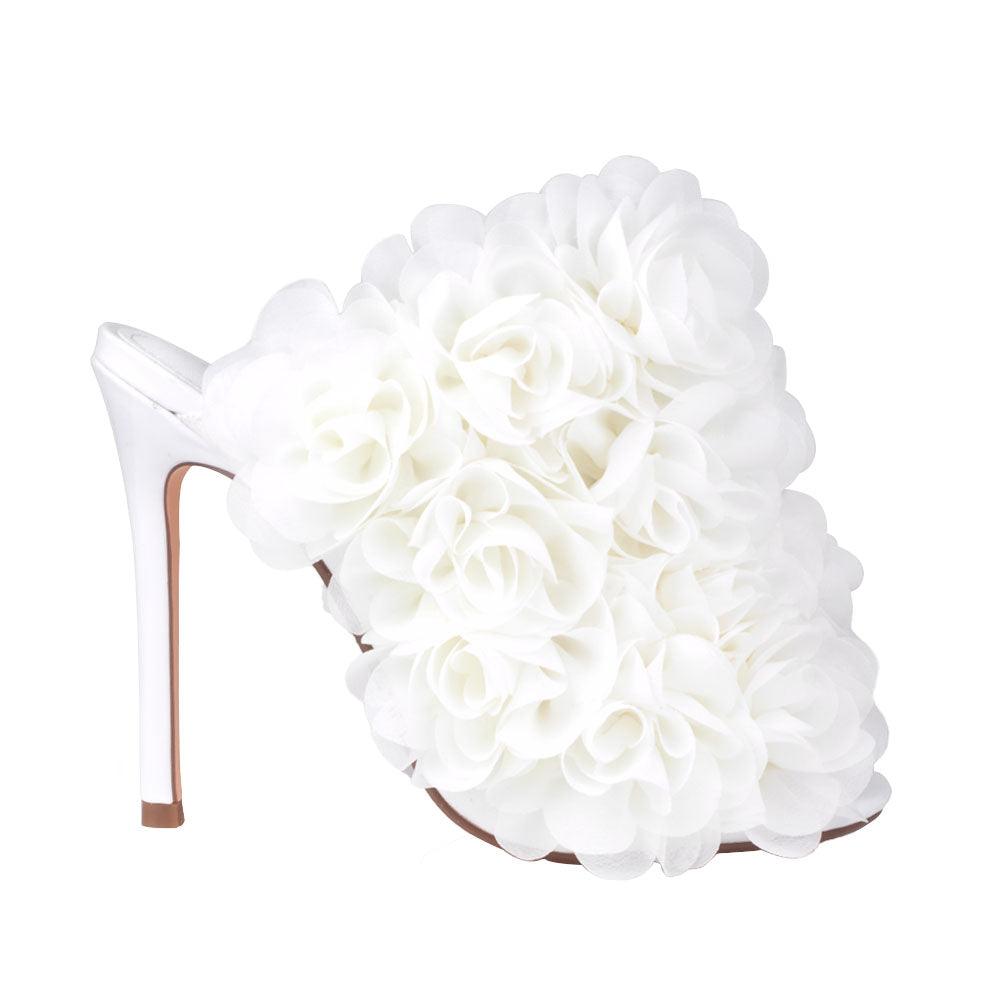 Satin upper women heels with roses in white-side view