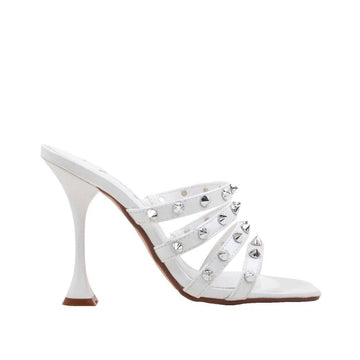 Vegan leather square heel women sandals with studs in white-side view