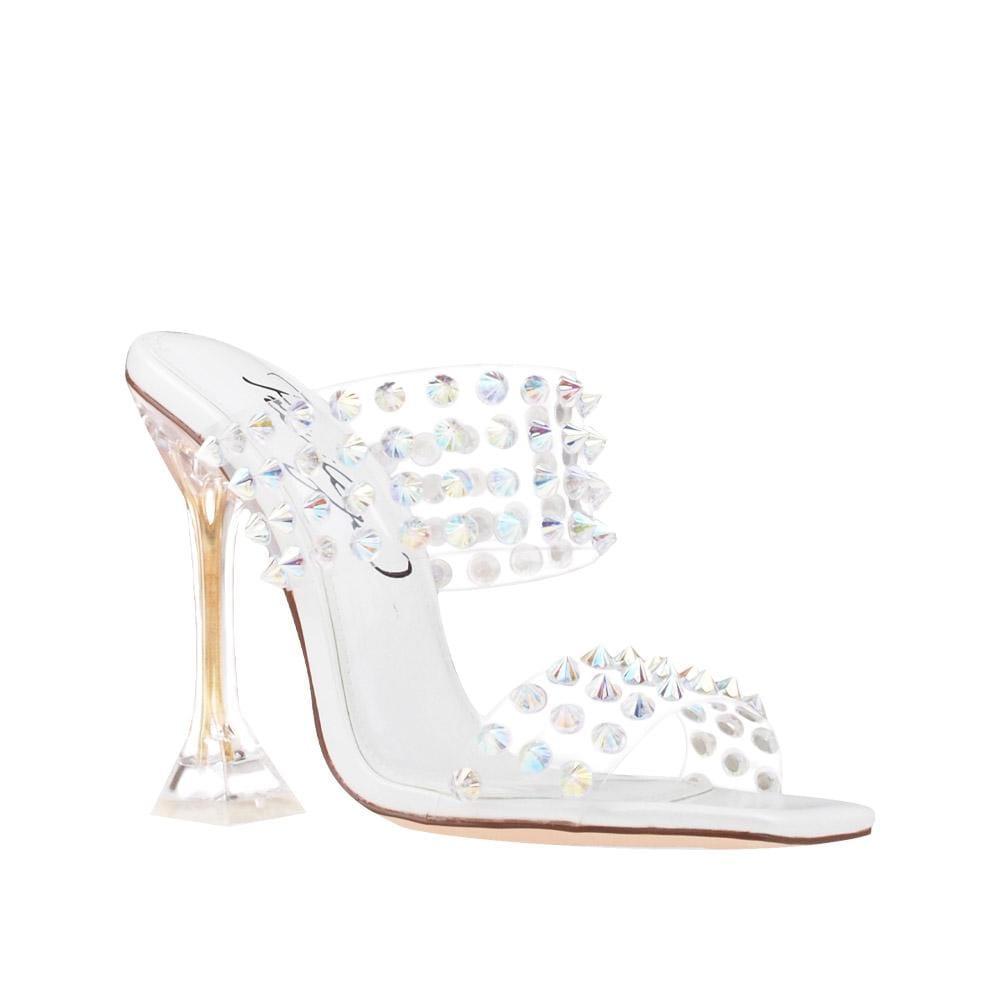 Clear vinyl upper with studs women stiletto heels in white-corner view