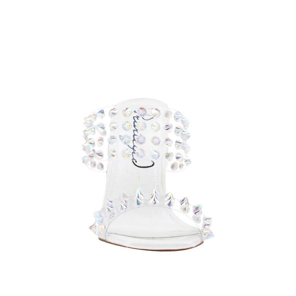 Clear vinyl upper with studs women stiletto heels in white-front view