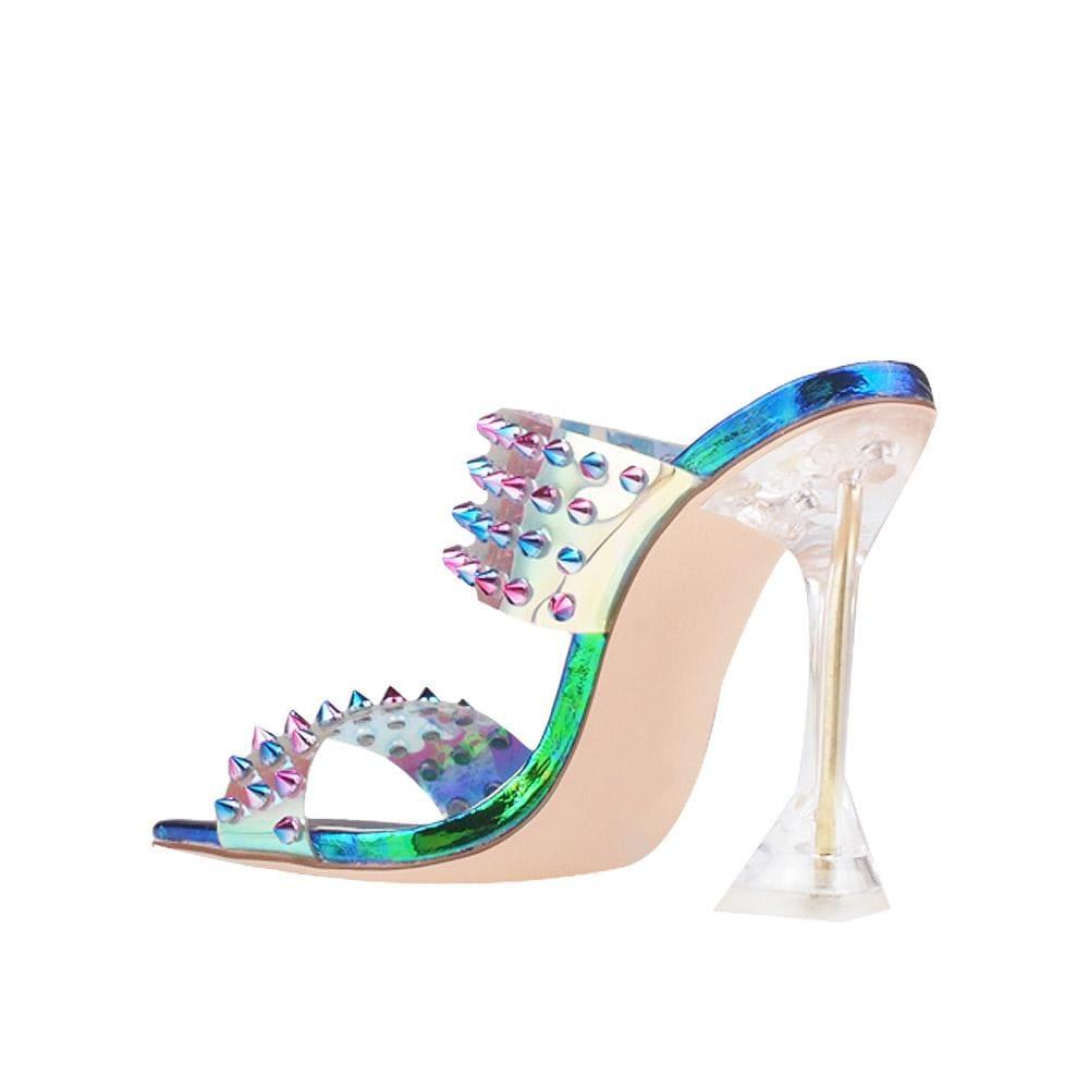 Clear vinyl upper with studs women stiletto heels in green-posterior view