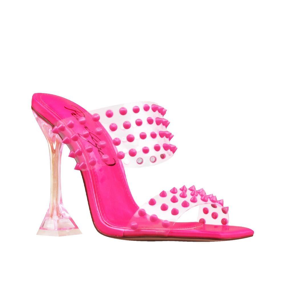 Clear vinyl upper with studs women stiletto heels in neon pink-corner view