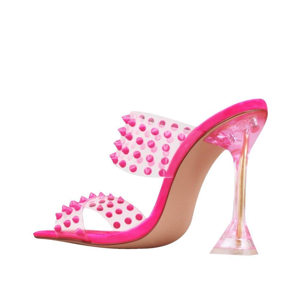 Clear vinyl upper with studs women stiletto heels in neon pink-posterior view