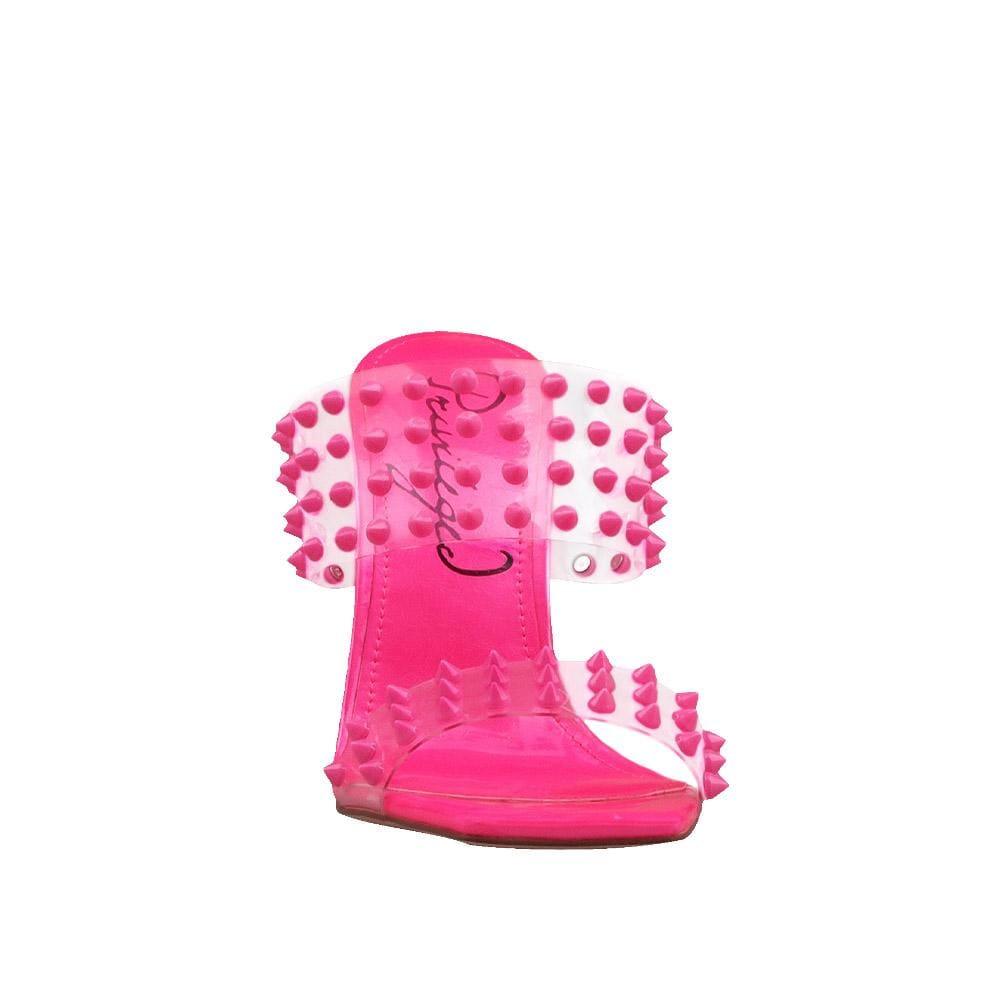 Clear vinyl upper with studs women stiletto heels in neon pink-front view