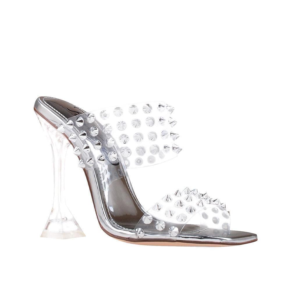 Clear vinyl upper with studs women stiletto heels in silver-corner view