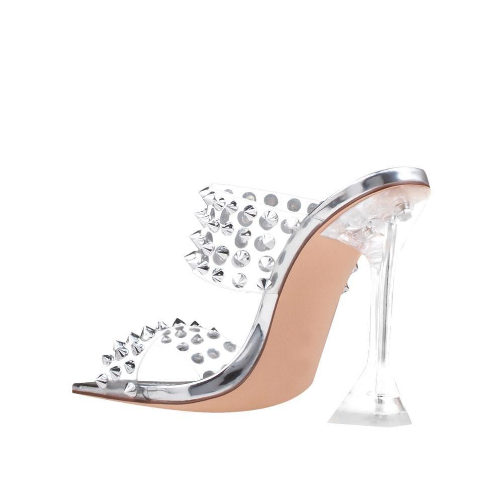 Clear vinyl upper with studs women stiletto heels in silver-posterior view