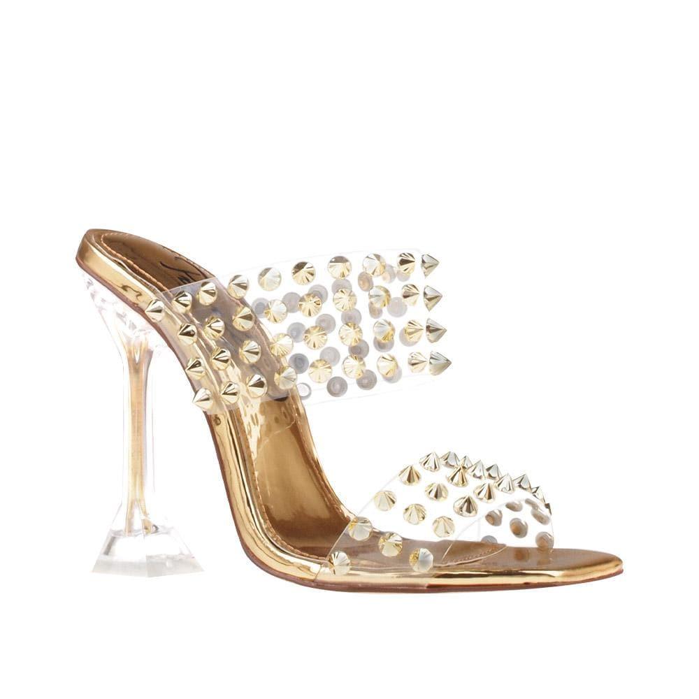 Clear vinyl upper with studs women stiletto heels in gold-corner view