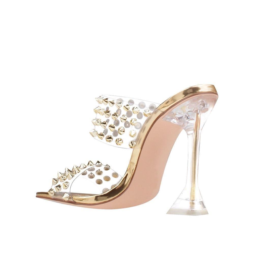 Clear vinyl upper with studs women stiletto heels in gold-posterior view