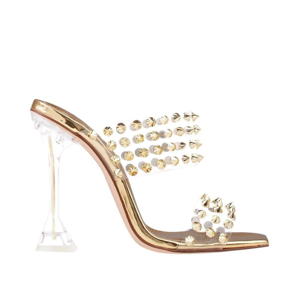 Clear vinyl upper with studs women stiletto heels in gold-side view