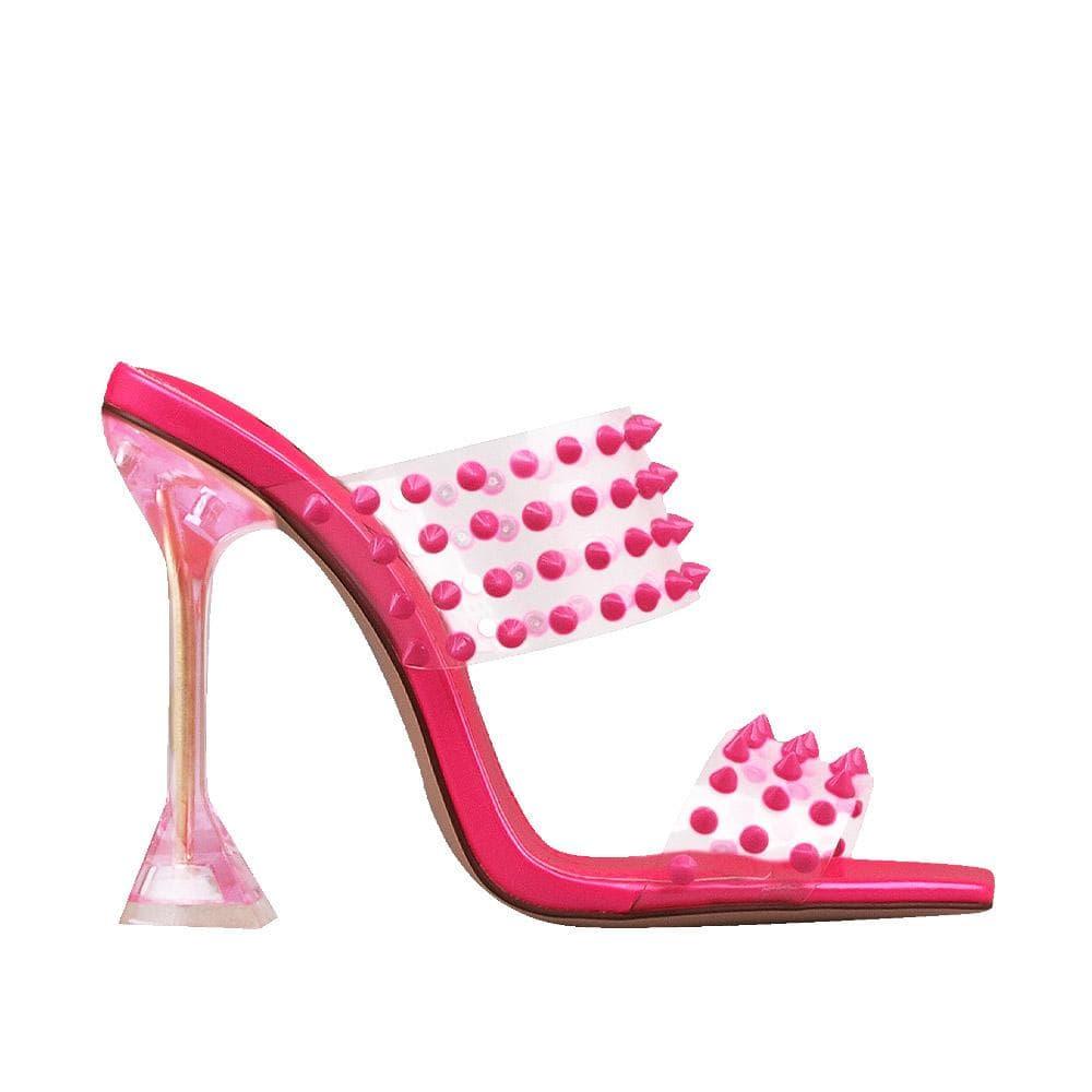 Clear vinyl upper with studs women stiletto heels in neon pink-side view