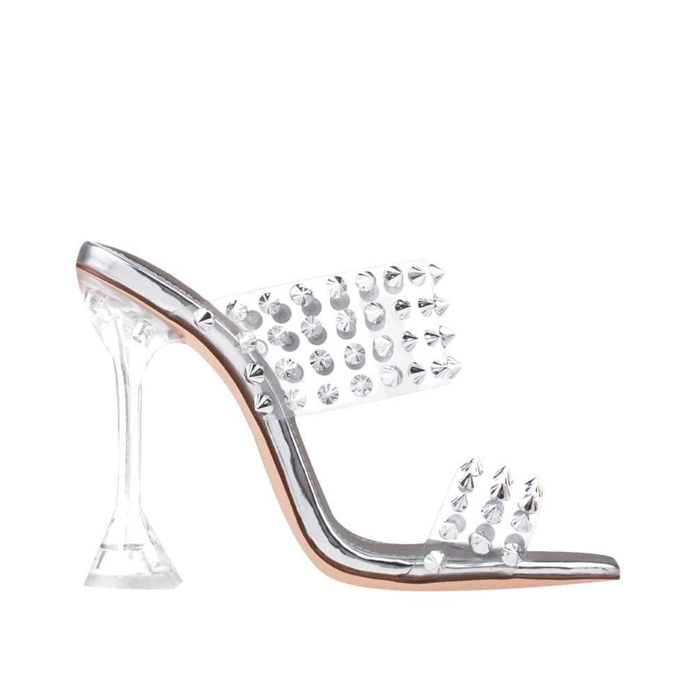 Clear vinyl upper with studs women stiletto heels in silver-side view