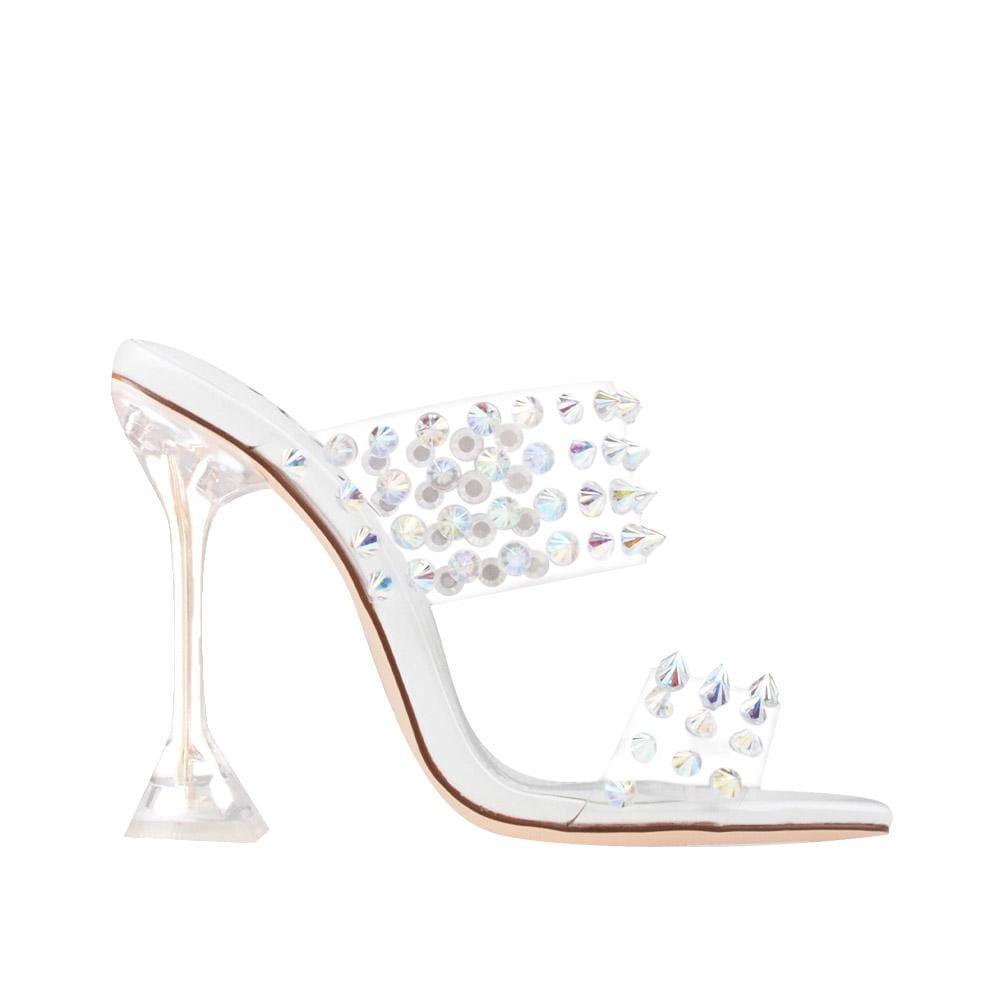 Clear vinyl upper with studs women stiletto heels in white-side view