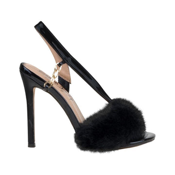 Vegan leather upper women heels with faux fur in black