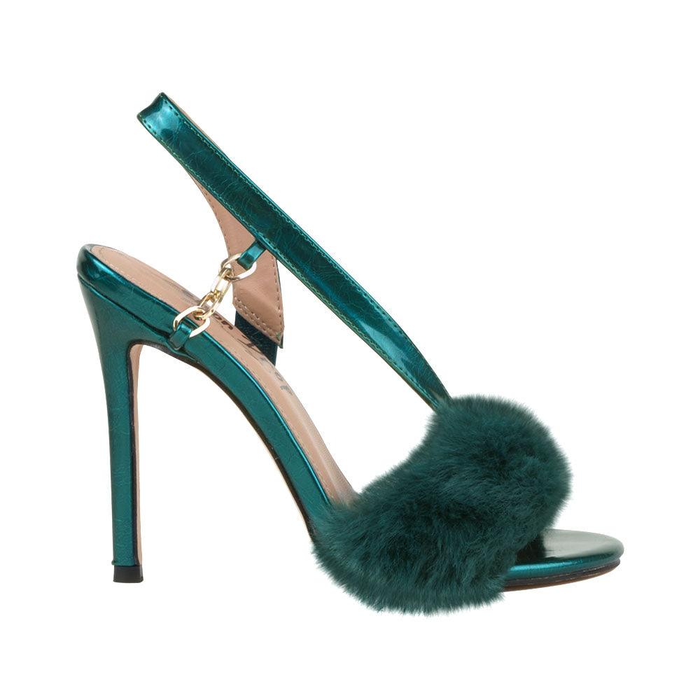 Vegan leather upper women heels with faux fur in dark green