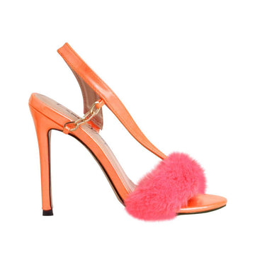 Vegan leather upper women heels with faux fur in orange