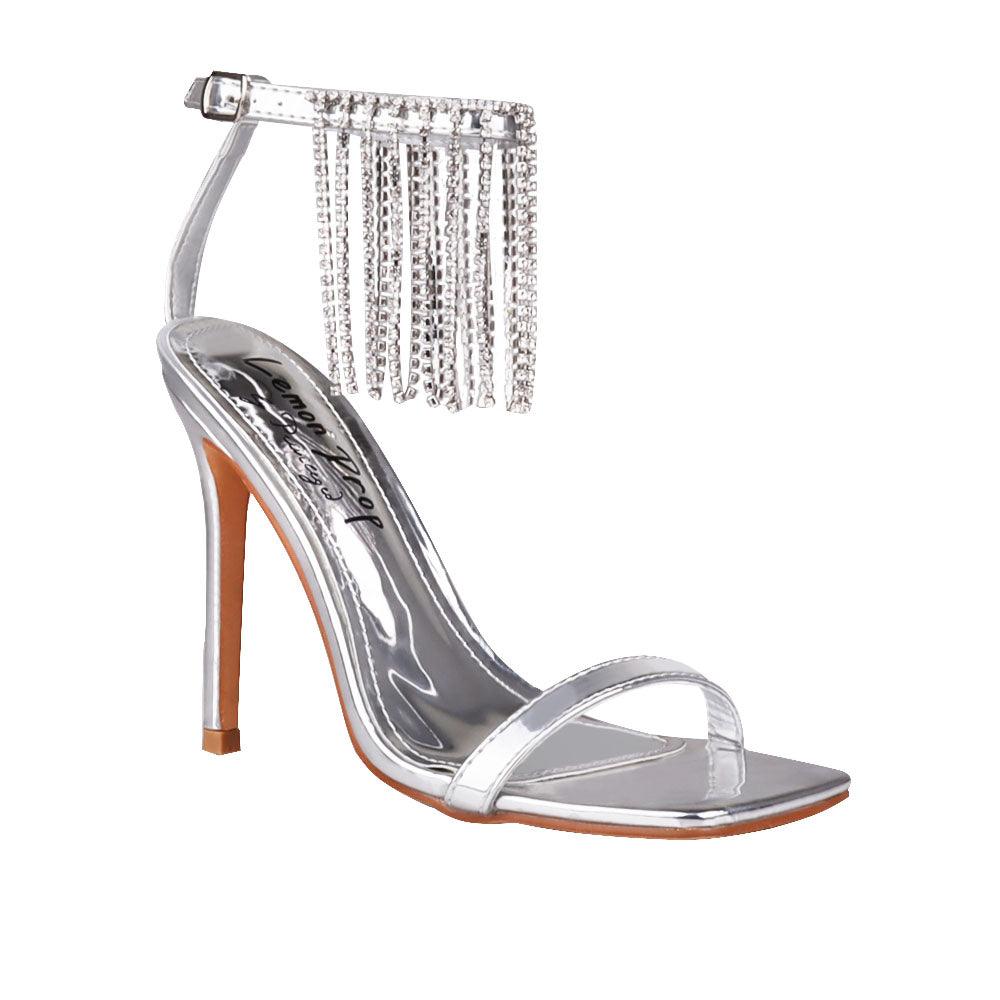 Silver patent leather women heels with rhinestones -corner view