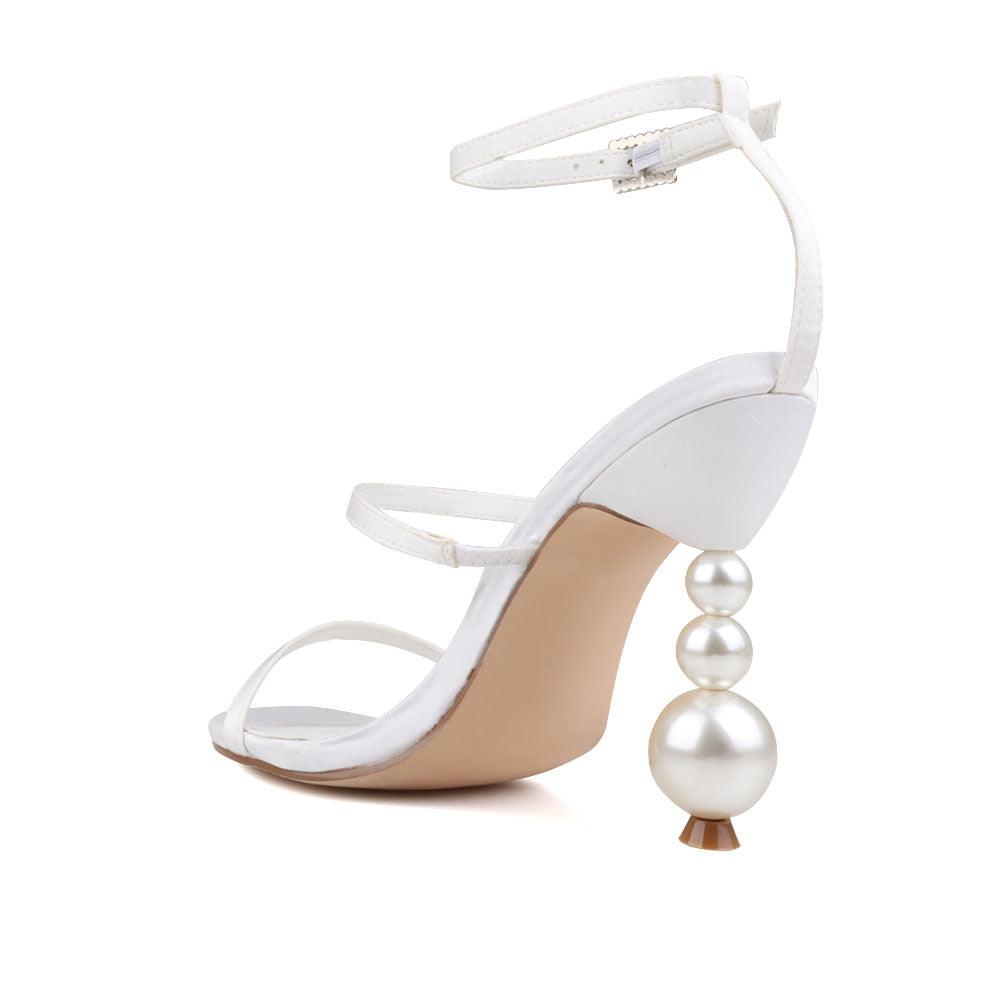 Vegan satin upper women stiletto heels in white-posterior view