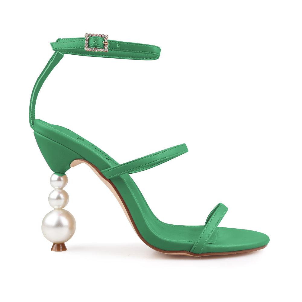 Vegan satin upper women stiletto heels in green-side view