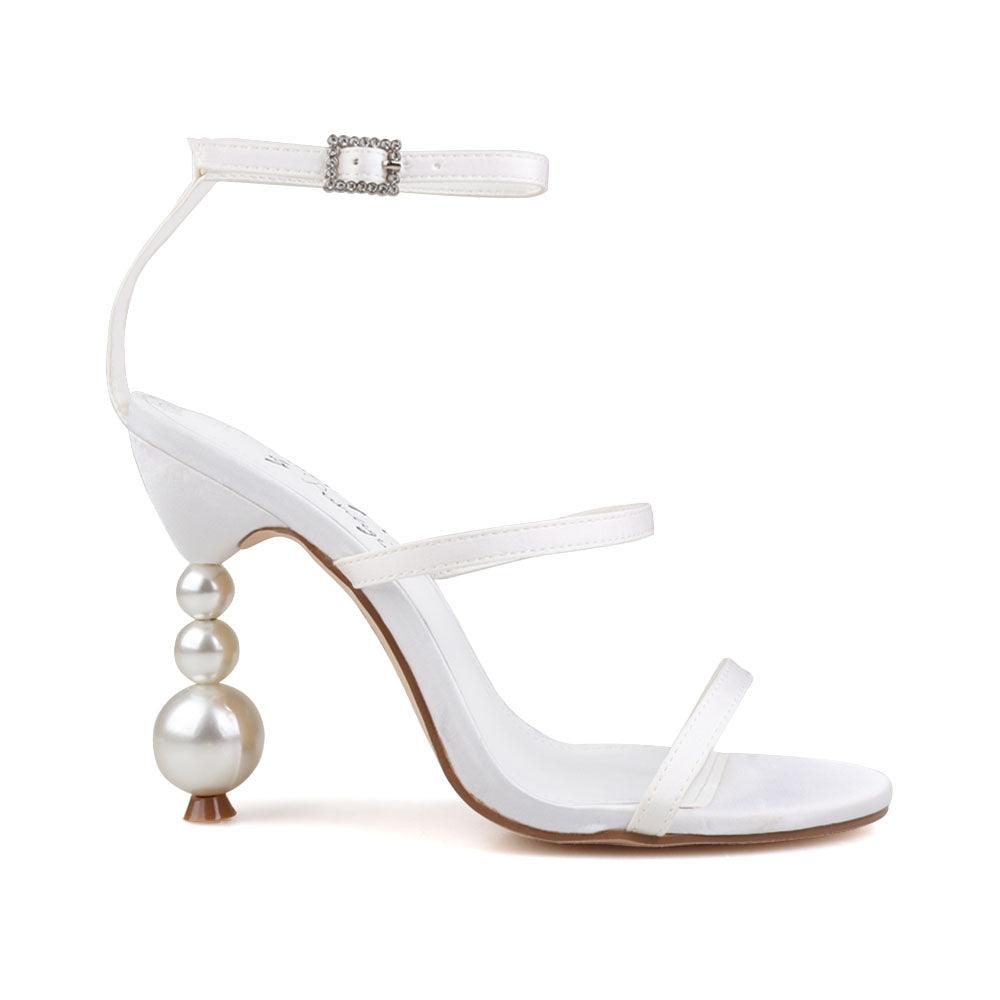 Vegan satin upper women stiletto heels in white-side view