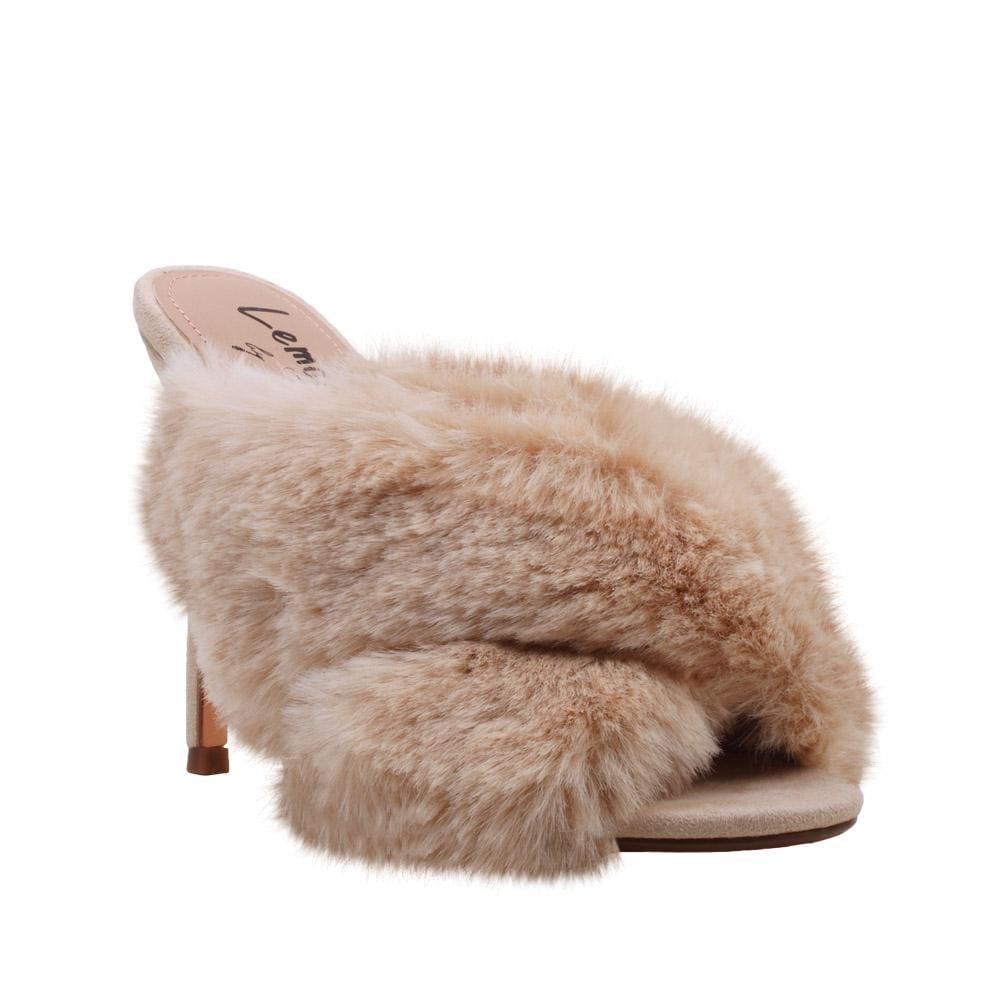 Nude faux fur-embedded vegan suede upper women heels-corner view