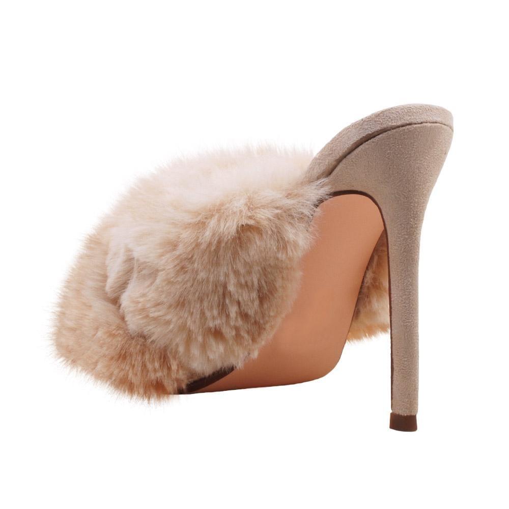 Nude faux fur-embedded vegan suede upper women heels-posterior view