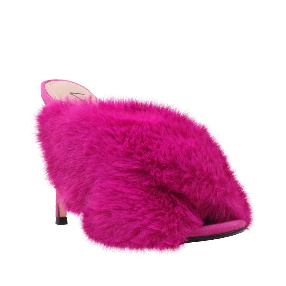 Fuchsia faux fur-embedded vegan suede upper women heels-corner view