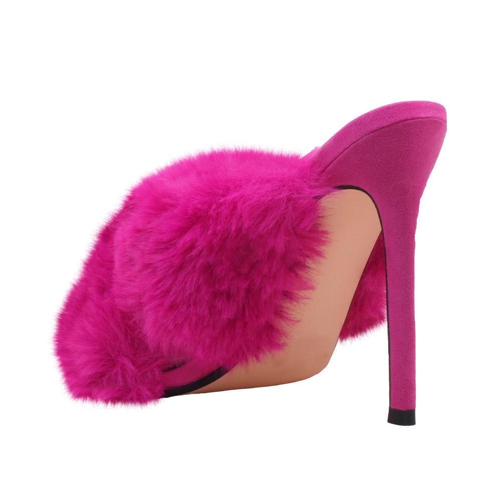 Fuchsia faux fur-embedded vegan suede upper women heels-posterior view