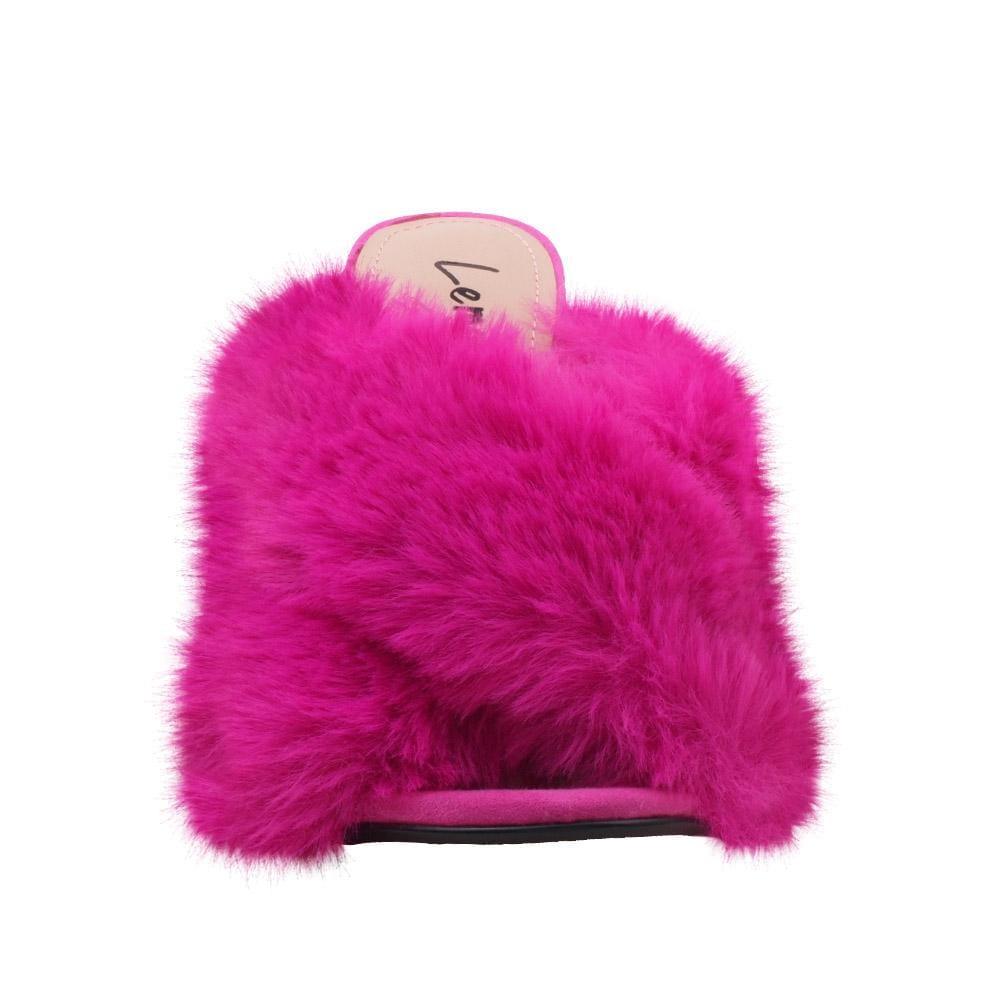 Fuchsia faux fur-embedded vegan suede upper women heels-front view