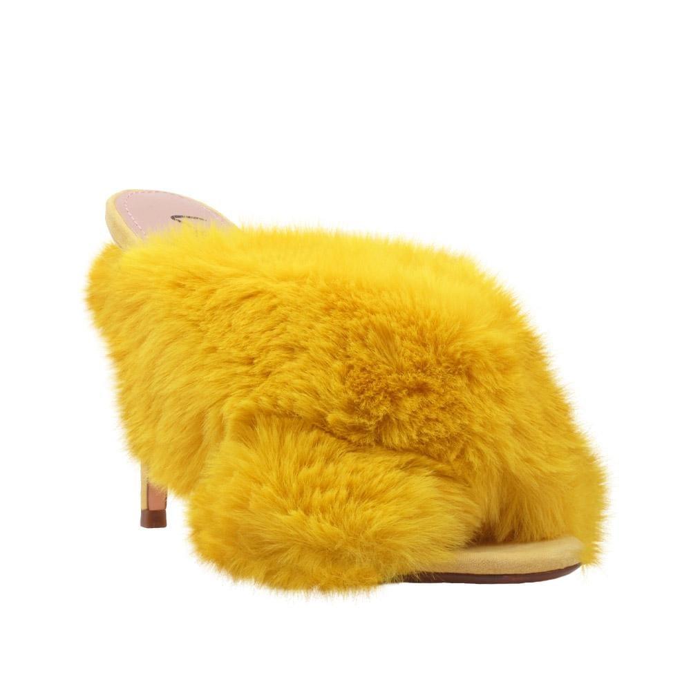 Yellow faux fur-embedded vegan suede upper women heels-corner view