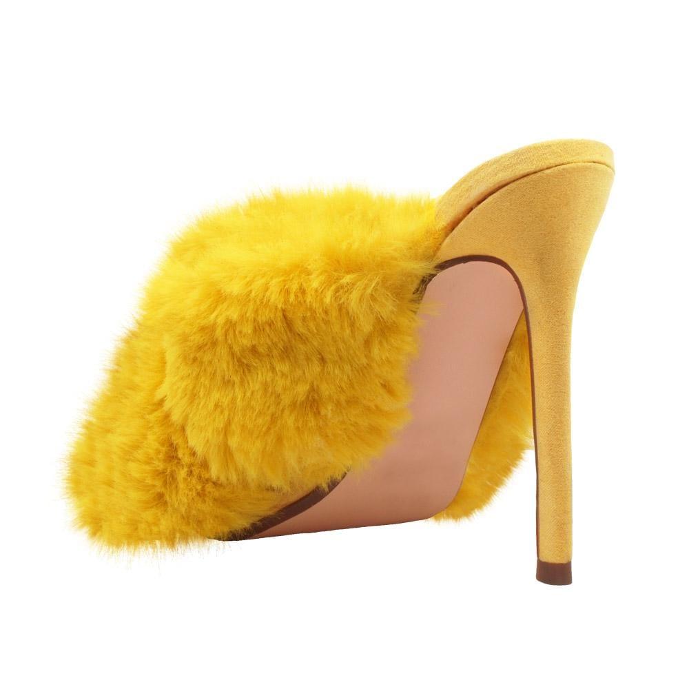 Yellow faux fur-embedded vegan suede upper women heels-posterior view