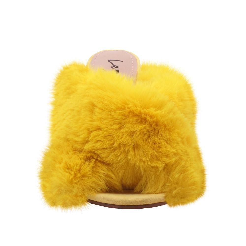 Yellow faux fur-embedded vegan suede upper women heels-front view