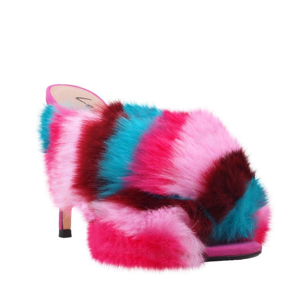 Multi coloured faux fur-embedded vegan suede upper women heels-corner view