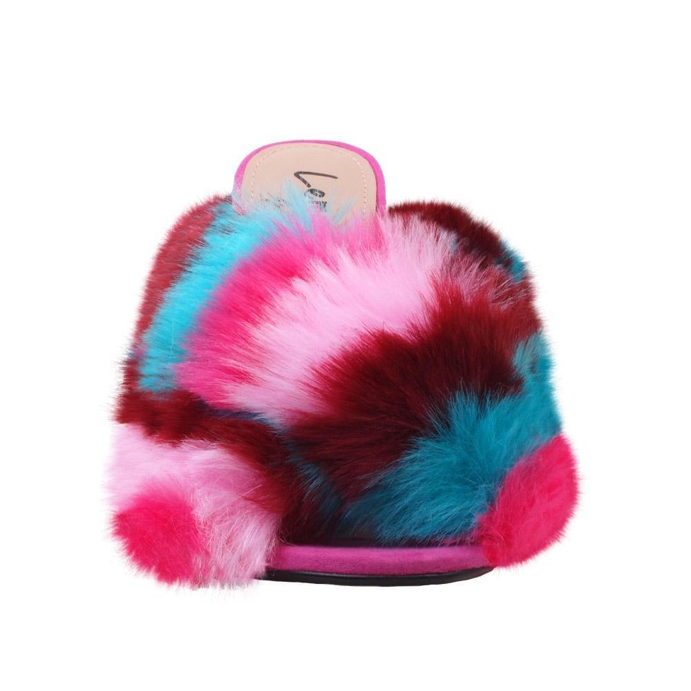 Multi coloured faux fur-embedded vegan suede upper women heels-front view