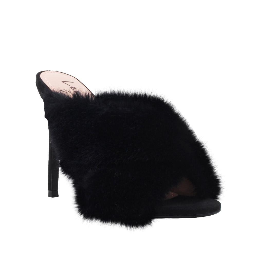 Black faux fur-embedded vegan suede upper women heels-side view