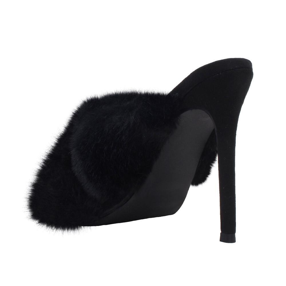 Black faux fur-embedded vegan suede upper women heels-posterior view