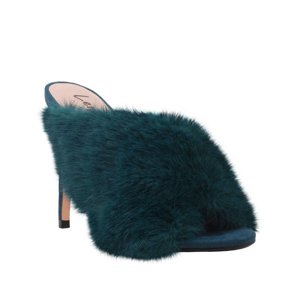 Dark green faux fur-embedded vegan suede upper women heels-corner view