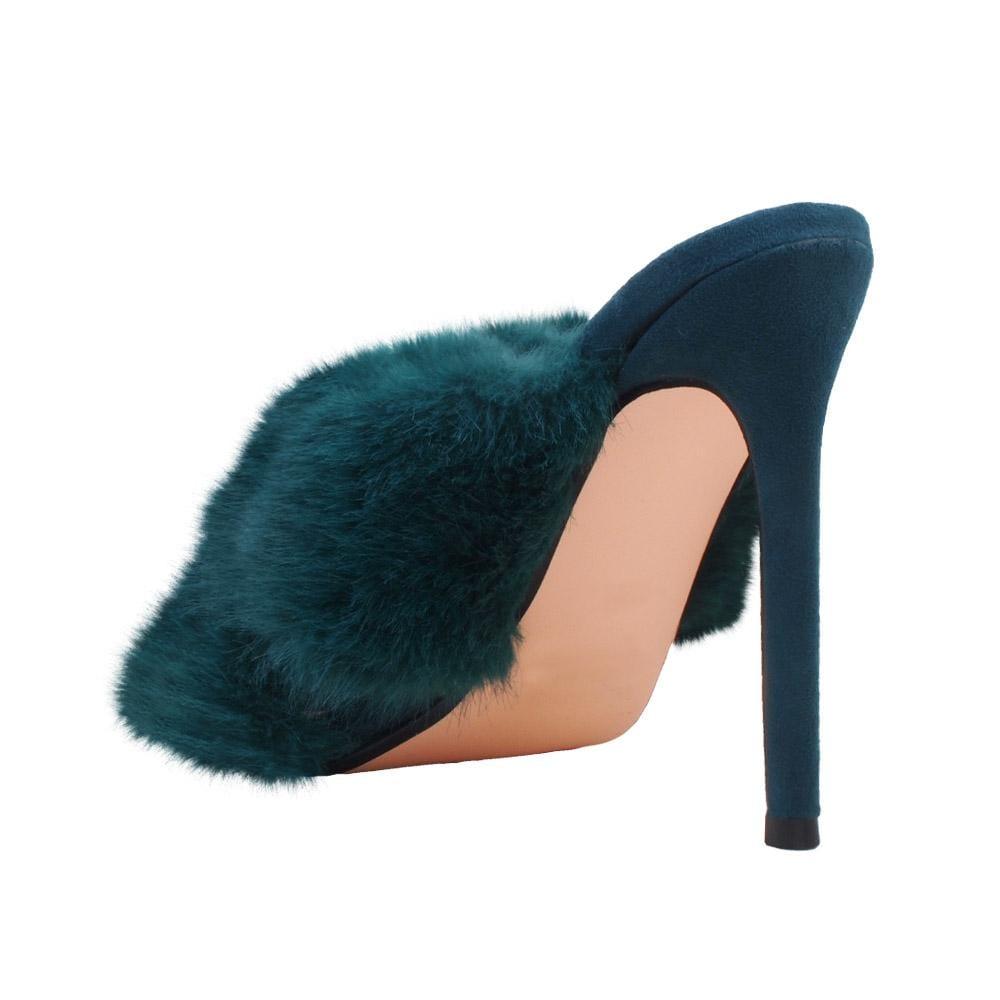 Dark green faux fur-embedded vegan suede upper women heels-posterior view