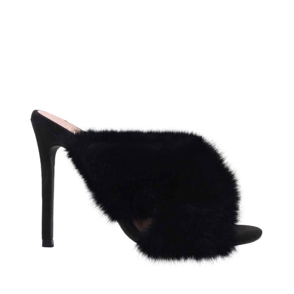 Black faux fur-embedded vegan suede upper women heels-side view