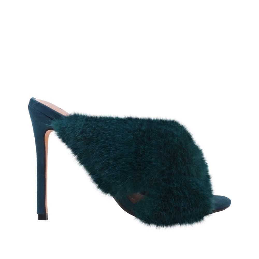 Dark green faux fur-embedded vegan suede upper women heels-side view