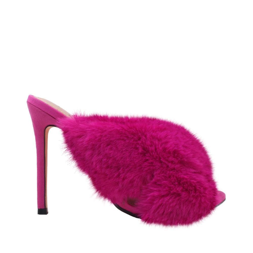 Fuchsia faux fur-embedded vegan suede upper women heels-side view