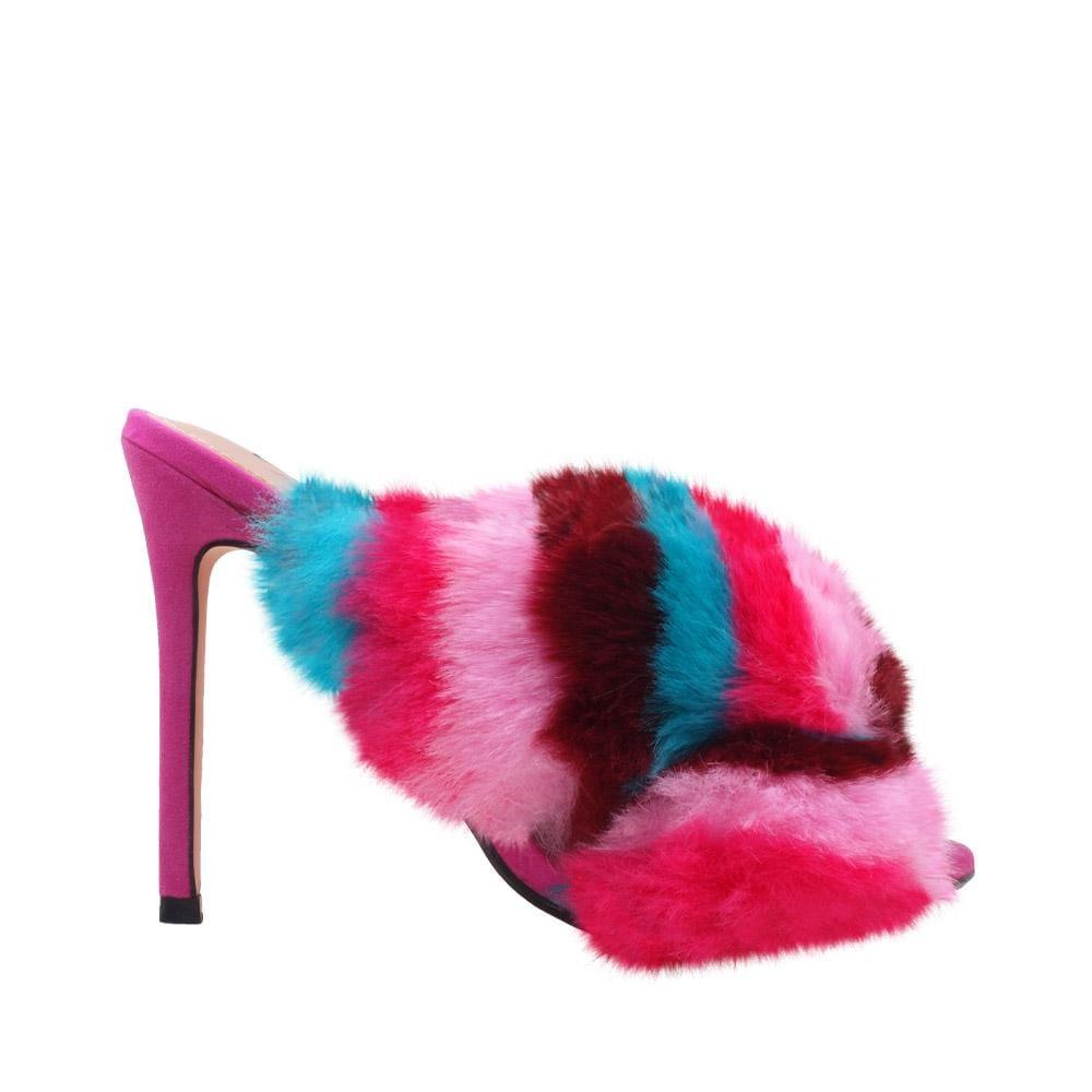 Multi coloured faux fur-embedded vegan suede upper women heels-side view