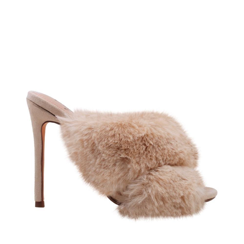 Nude faux fur-embedded vegan suede upper women heels-side view