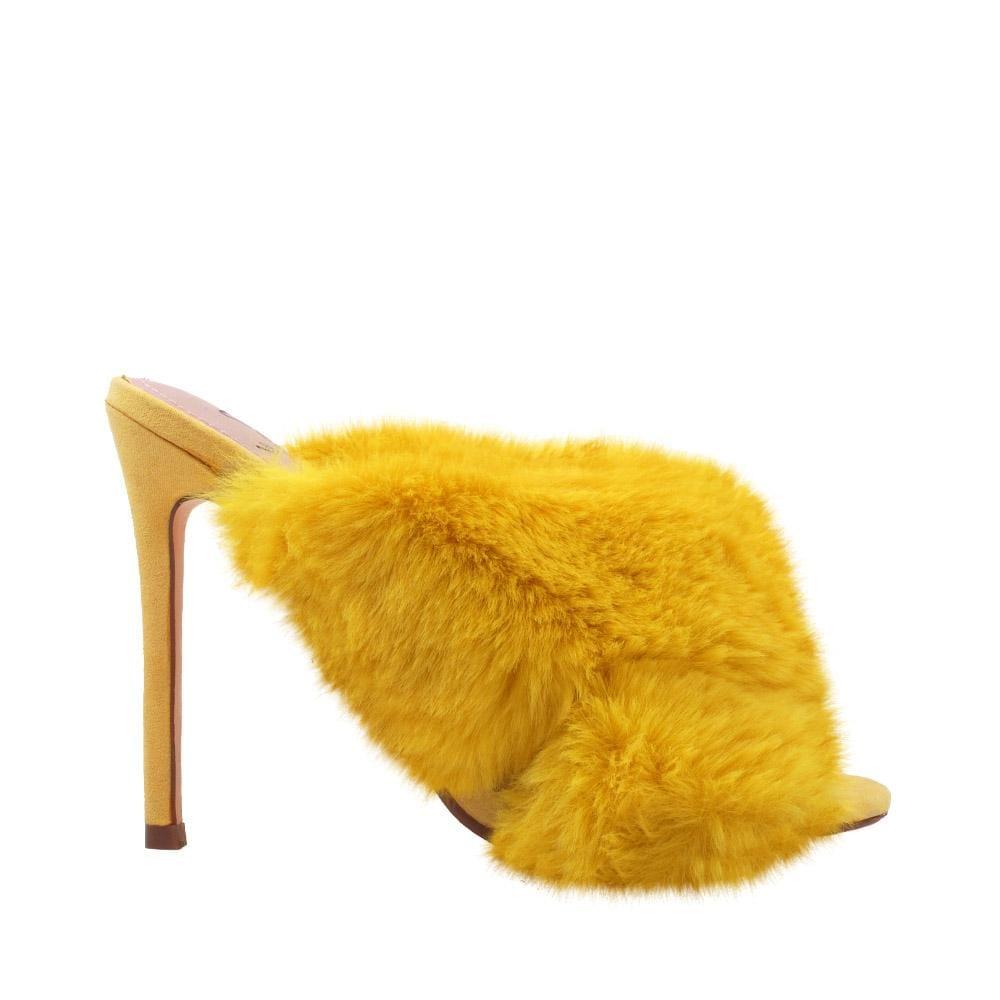 Yellow faux fur-embedded vegan suede upper women heels-side view