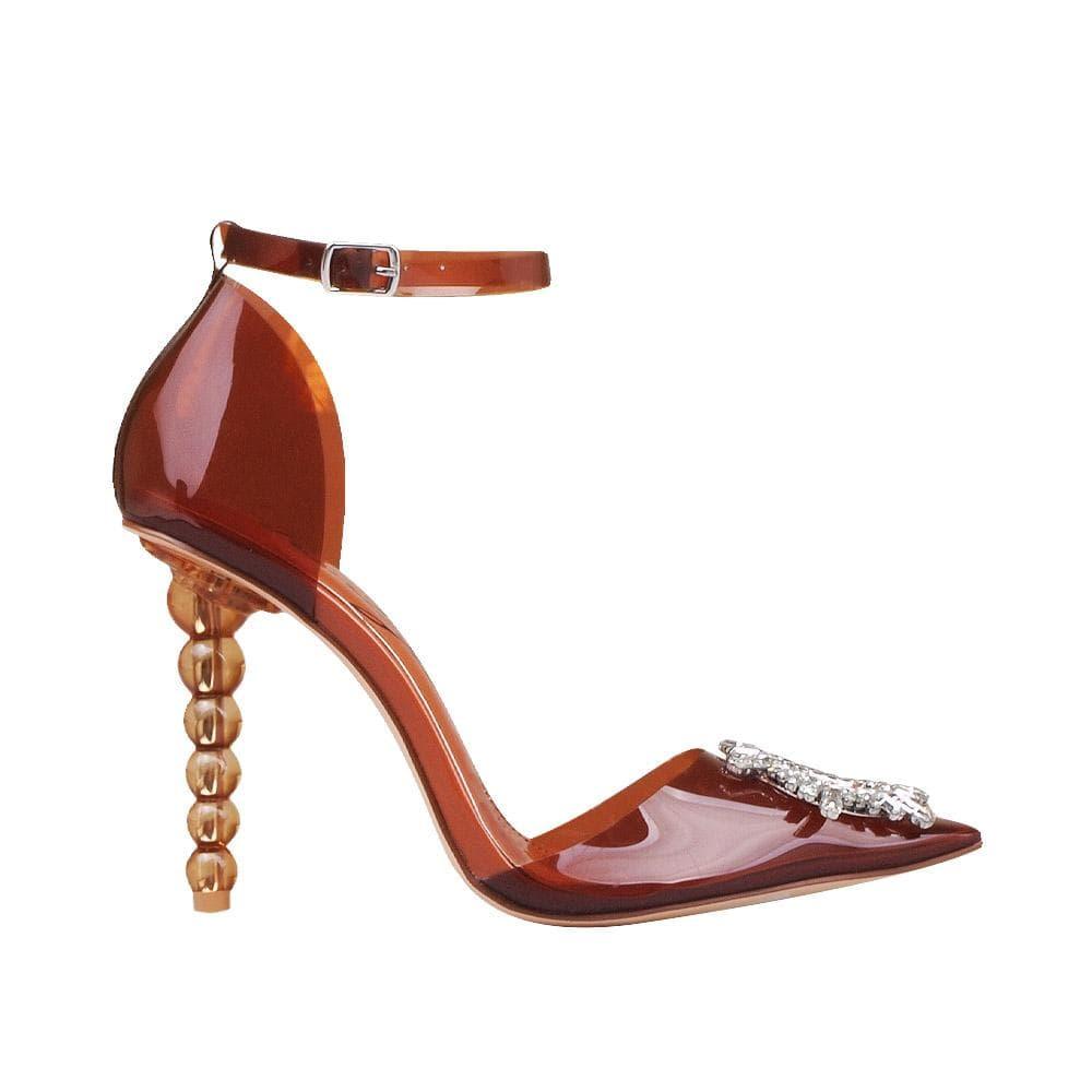 Translucent vinyl top women shoes pearl heel in brown