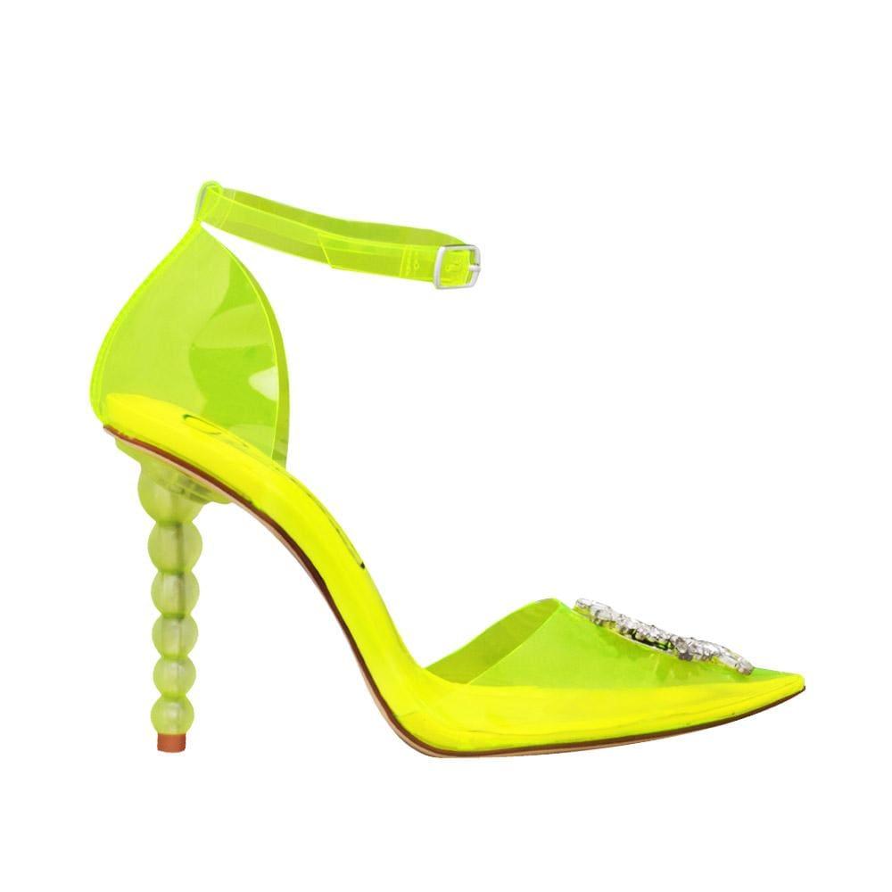 Translucent vinyl top women shoes pearl heel in neon yellow